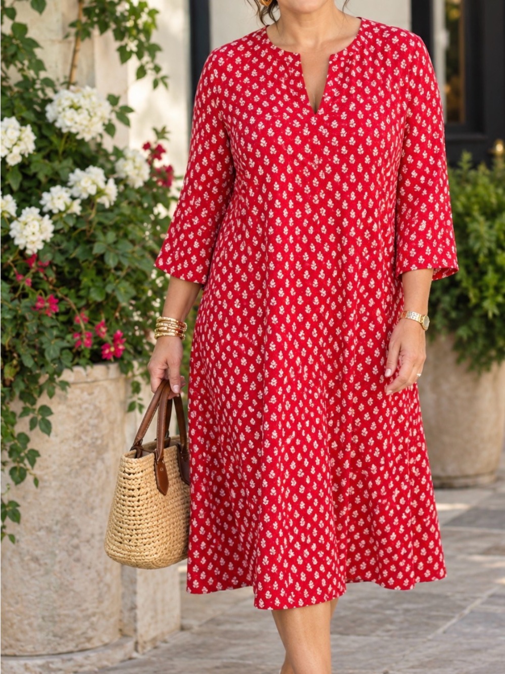 Jude Connally Red Printed Split-Neck Dress